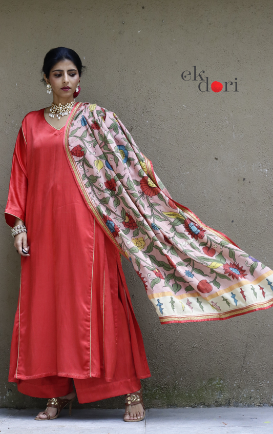 Mashru Kurta Co-ord Set in Red With Kalamkari Dupatta : Buy 'Gulaal' Kurta Palazzo Dupatta Festive Co-ord Set