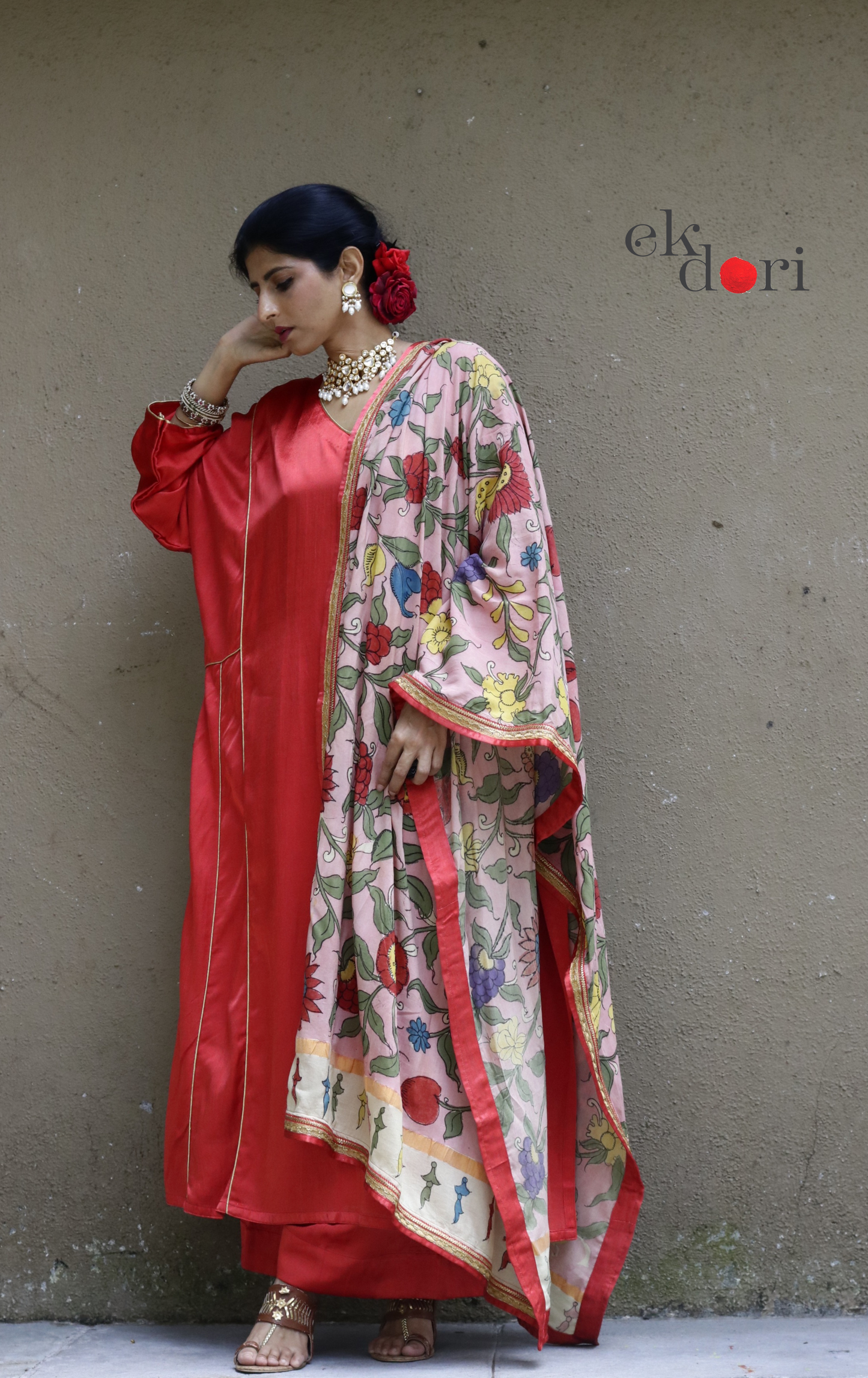 Mashru Kurta Co-ord Set in Red With Kalamkari Dupatta : Buy 'Gulaal' Kurta Palazzo Dupatta Festive Co-ord Set