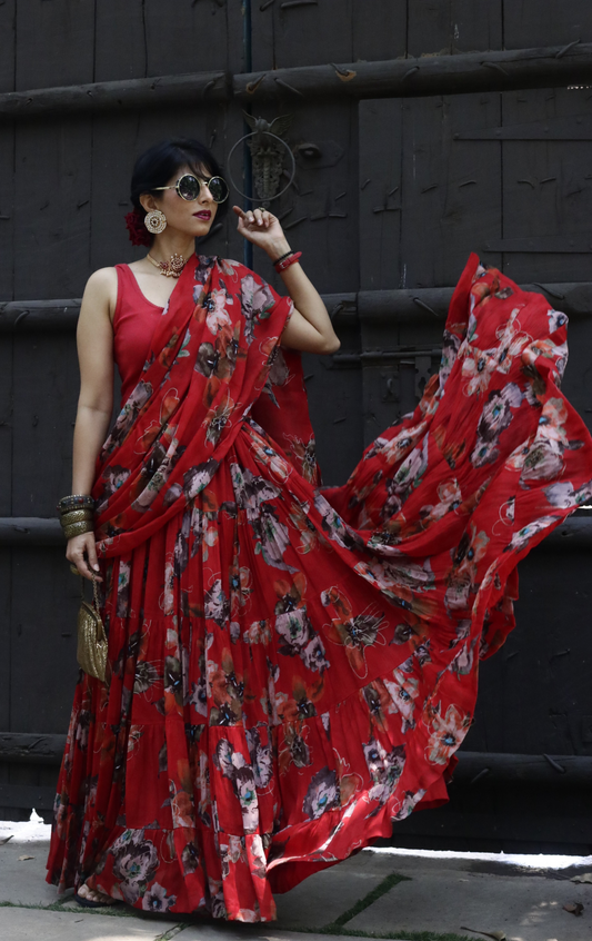 'Laal Gulaal' Printed Fun Light Lehenga Saree : Fun Tiered Ready To Wear Lehenga Saree