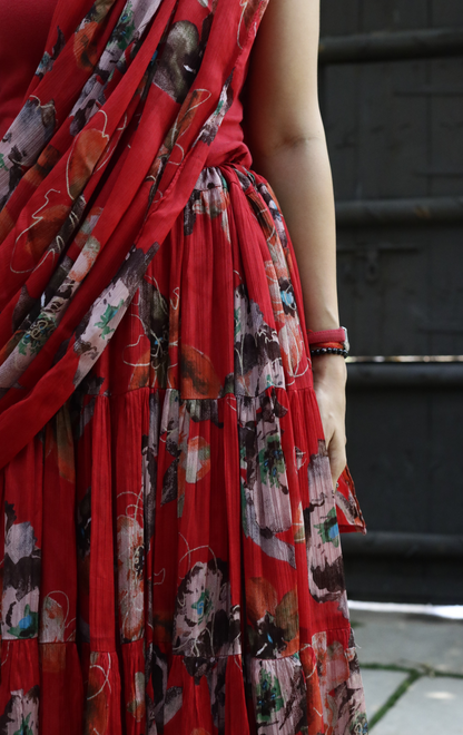 'Laal Gulaal' Printed Fun Light Lehenga Saree : Fun Tiered Ready To Wear Lehenga Saree