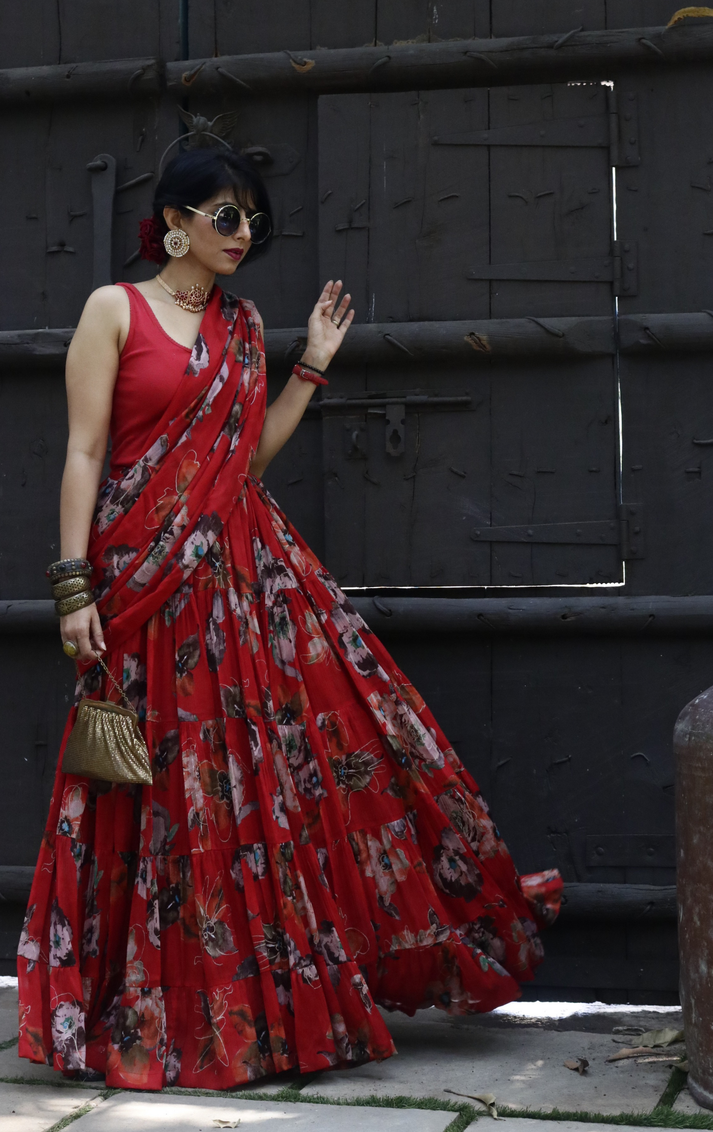 'Laal Gulaal' Printed Fun Light Lehenga Saree : Fun Tiered Ready To Wear Lehenga Saree