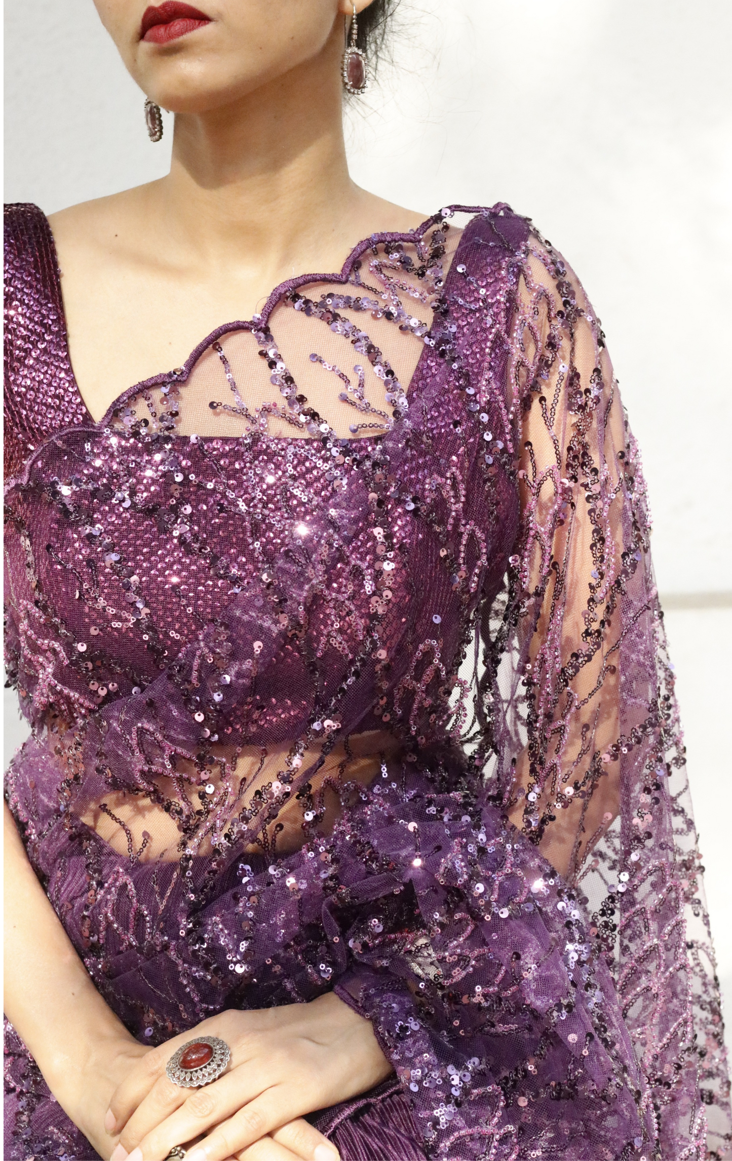 'Red Wine' Statement Sequin Saree : Bling It On Festive Cocktail Saree Collection