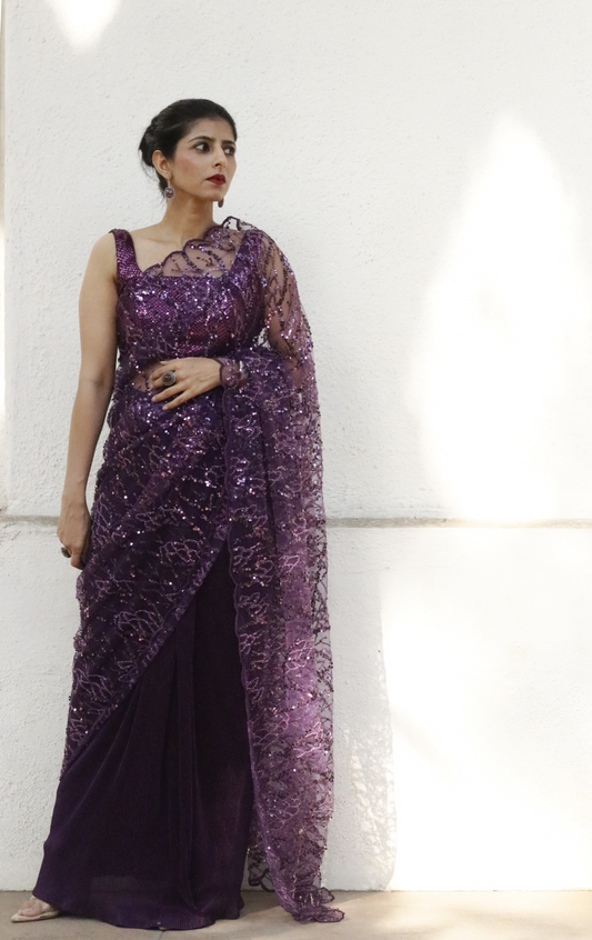 'Red Wine' Statement Sequin Saree : Bling It On Festive Cocktail Saree Collection