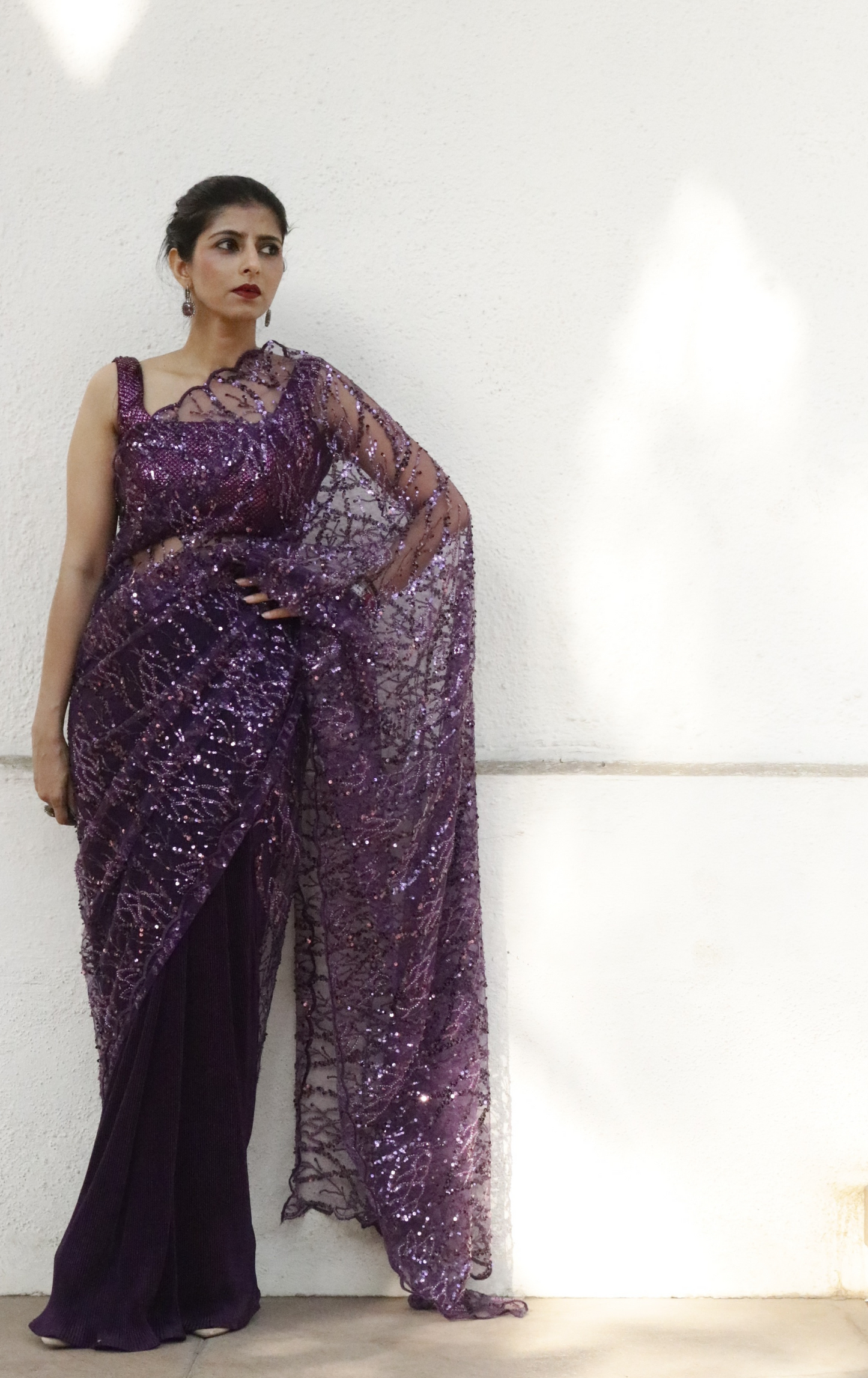 'Red Wine' Statement Sequin Saree : Bling It On Festive Cocktail Saree Collection