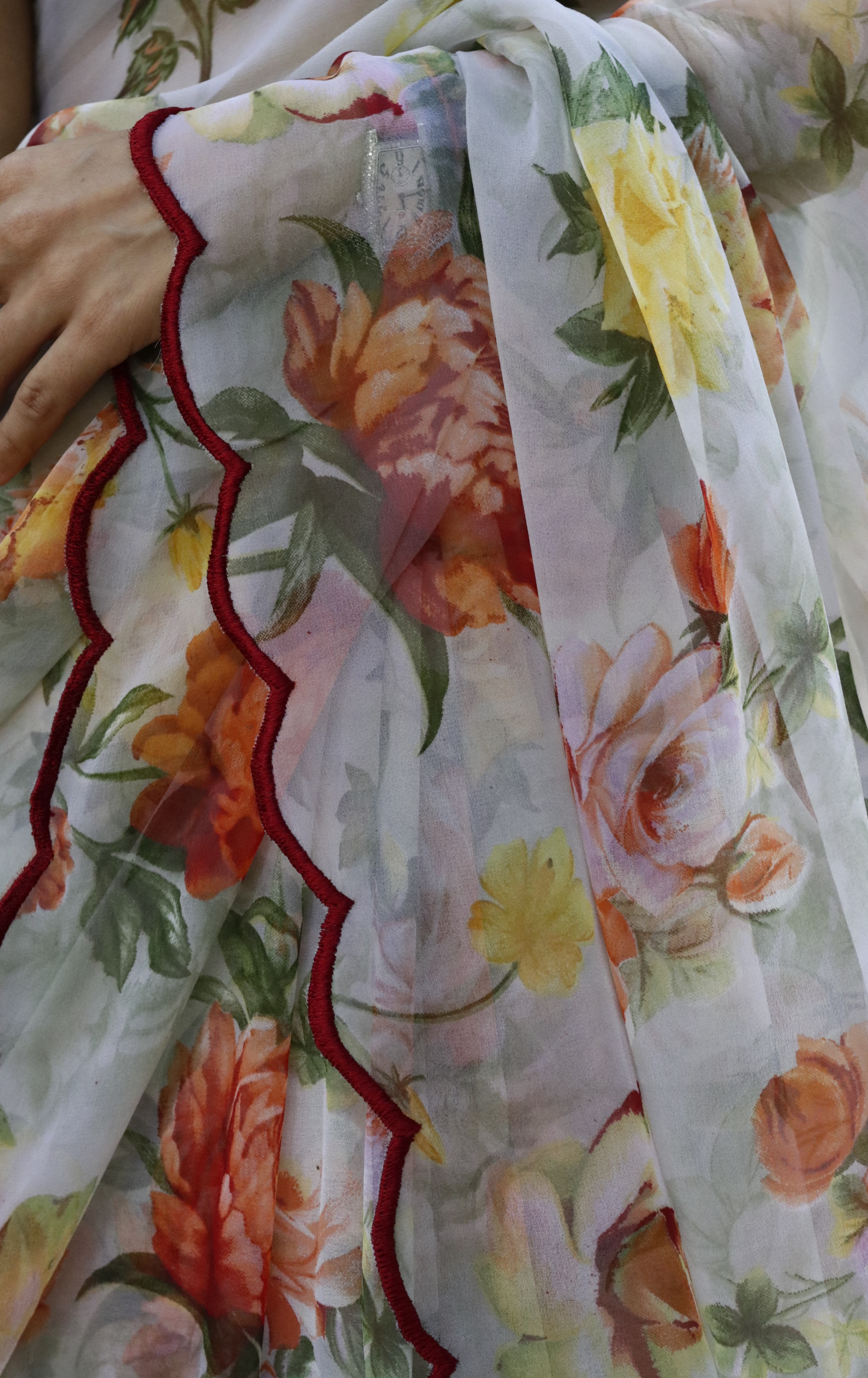Buy Floral Chiffon Saree Online : 'Sage Garden' Floral Semi Chiffon Saree With Scalloped Edges