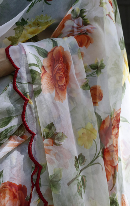 Buy Floral Chiffon Saree Online : 'Sage Garden' Floral Semi Chiffon Saree With Scalloped Edges