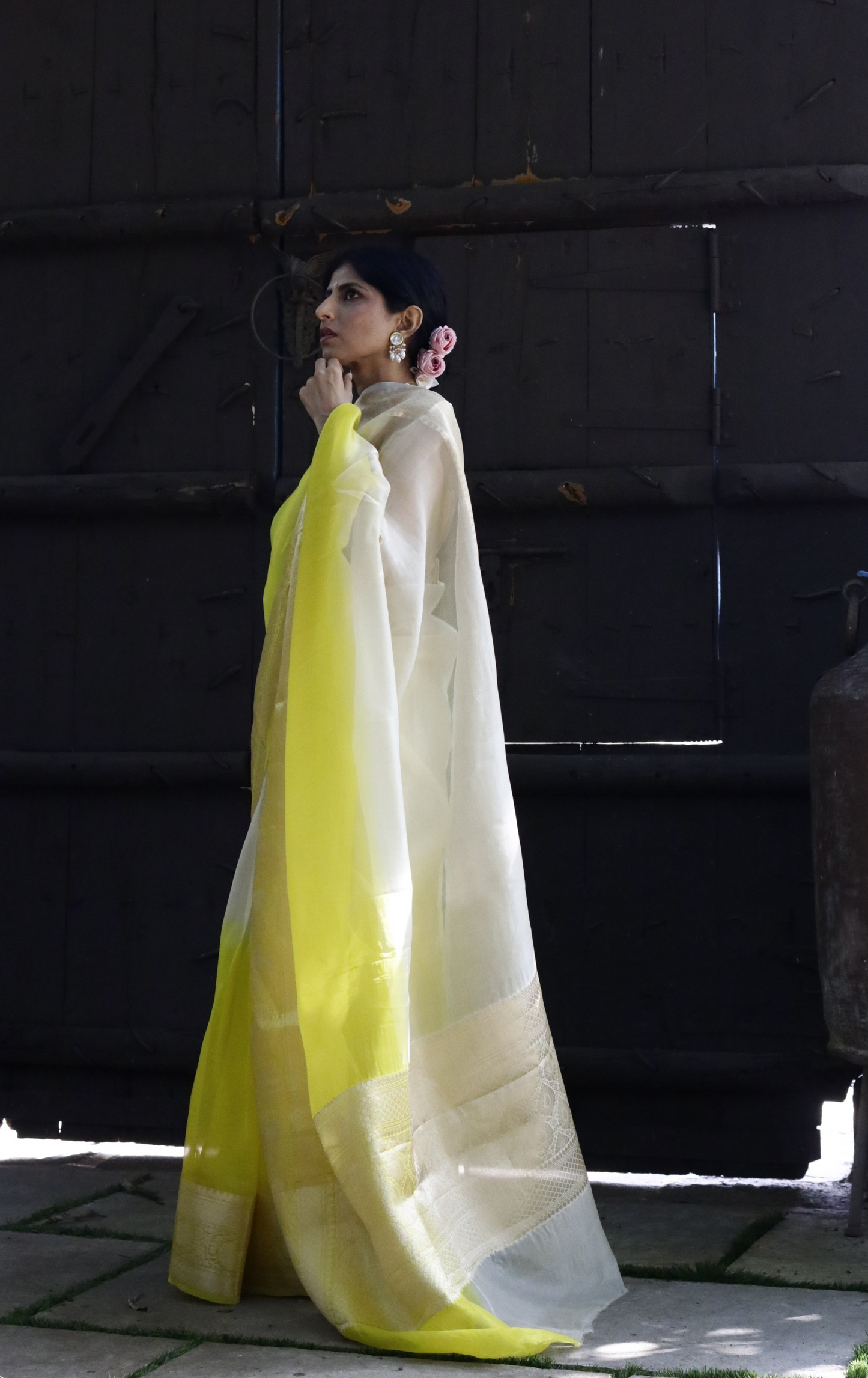 Buy 'Lemon Blossoms' Pure Organza Silk Saree With Banarasi Border: Summer Silk Banarasi Organza Saree