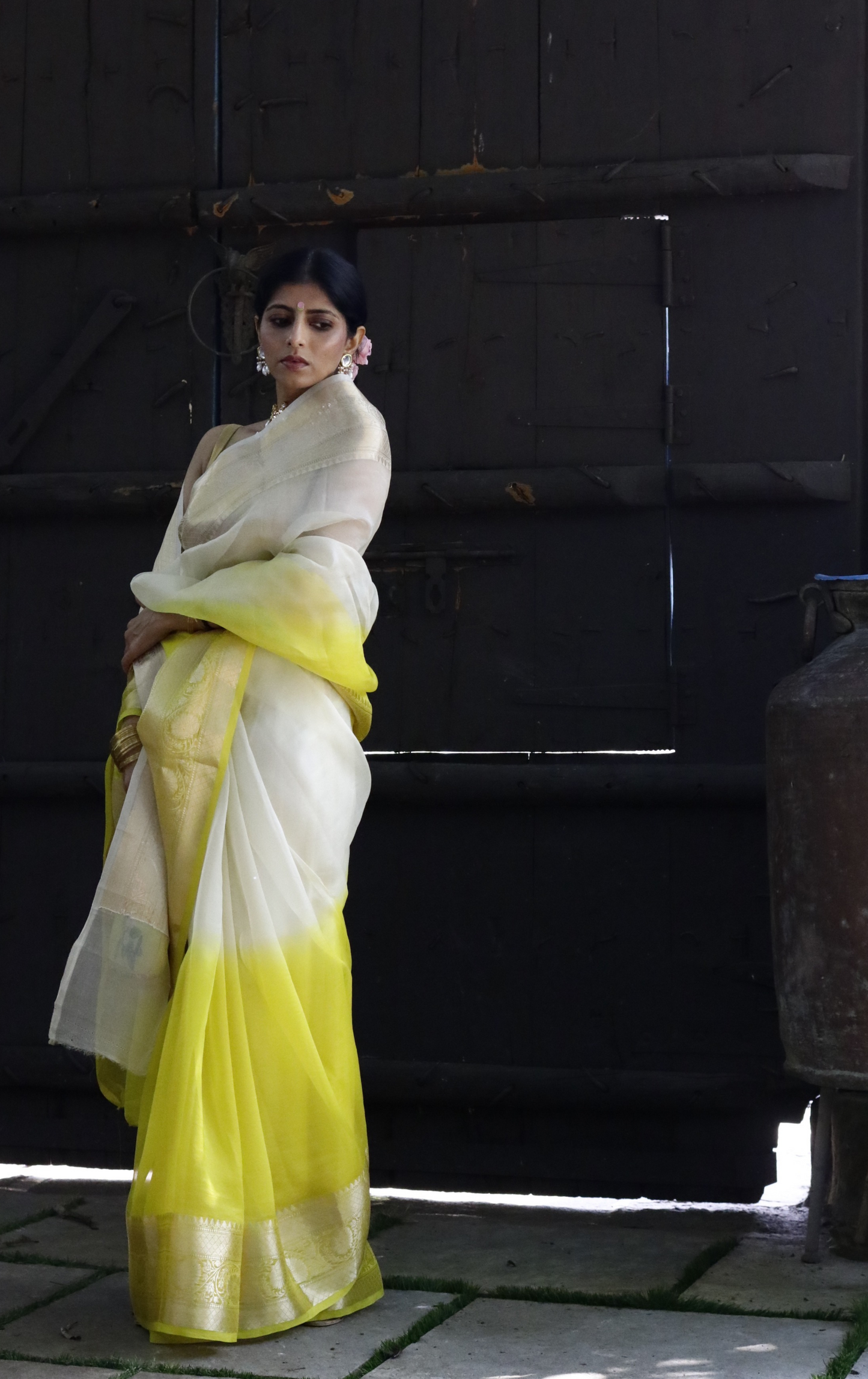 Buy 'Lemon Blossoms' Pure Organza Silk Saree With Banarasi Border: Summer Silk Banarasi Organza Saree