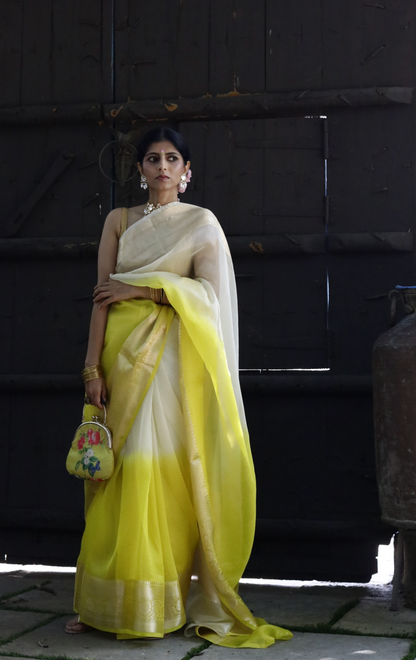 Buy 'Lemon Blossoms' Pure Organza Silk Saree With Banarasi Border: Summer Silk Banarasi Organza Saree