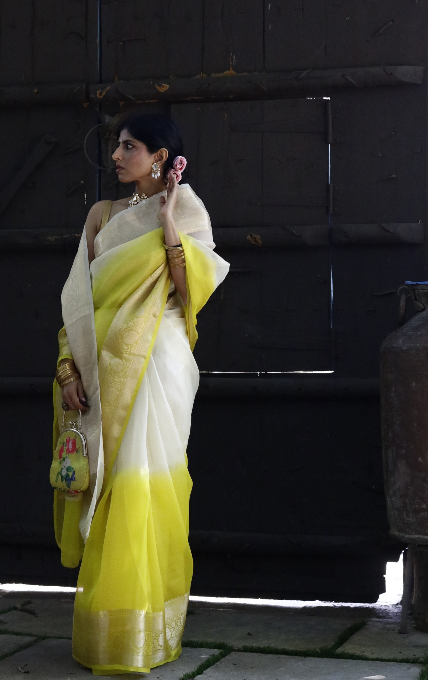 Buy 'Lemon Blossoms' Pure Organza Silk Saree With Banarasi Border: Summer Silk Banarasi Organza Saree