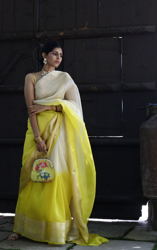 Buy 'Lemon Blossoms' Pure Organza Silk Saree With Banarasi Border: Summer Silk Banarasi Organza Saree