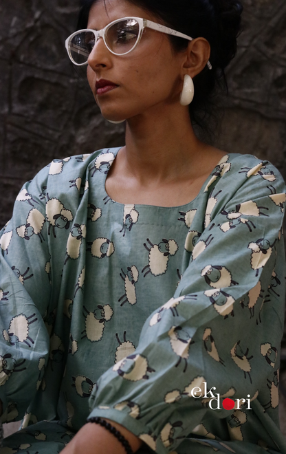 Cotton Kurta Co-Ord Set 'White Sheep' : Buy Palazzo Pant Kurta Cotton Co-ord Set In Fun Sheep Print