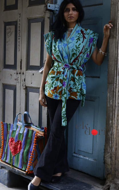 Suzani Embroidered Vest Jacket - 'Sea Salt' Suzani Boho Vest Style Jacket