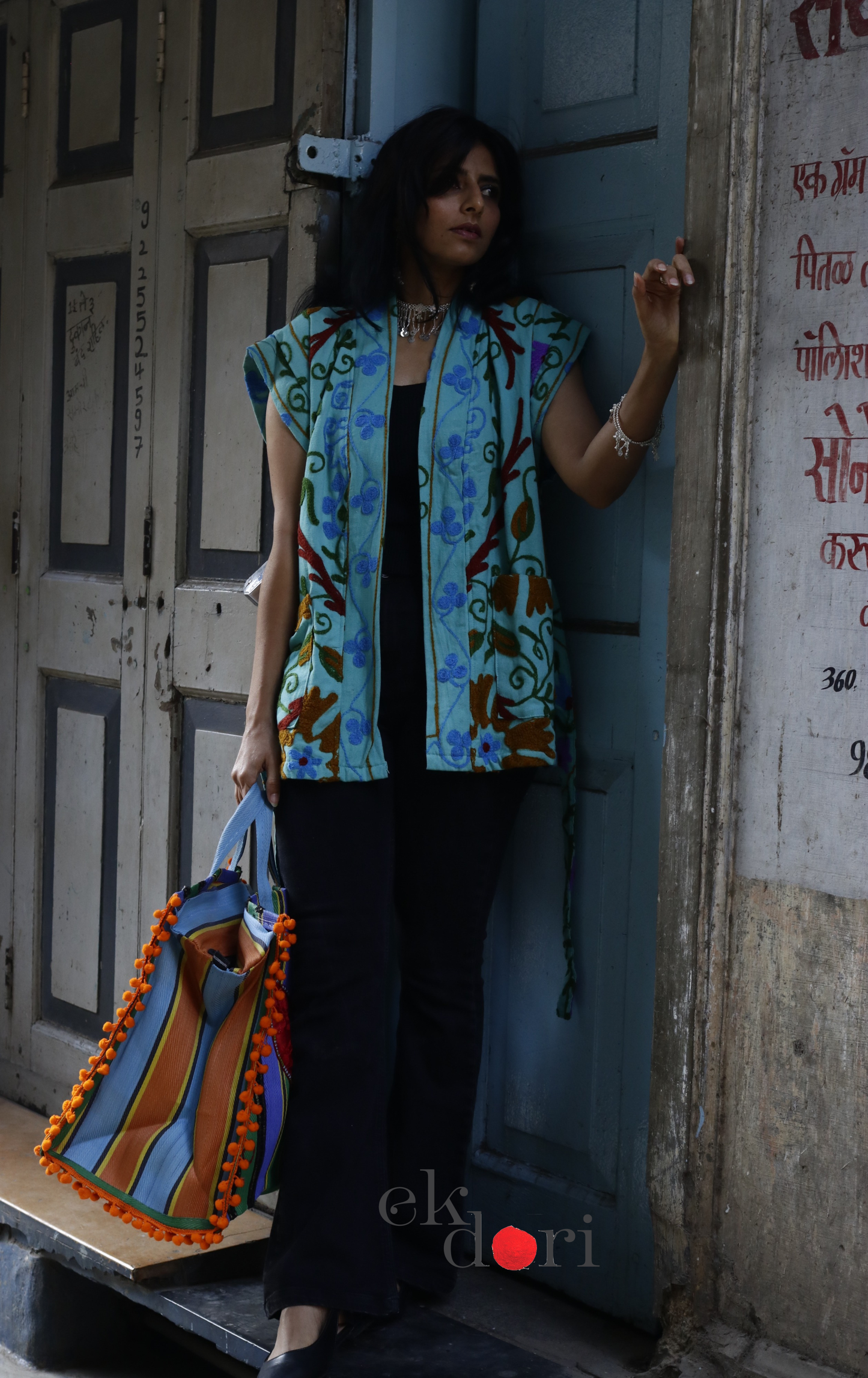 Suzani Embroidered Vest Jacket - 'Sea Salt' Suzani Boho Vest Style Jacket