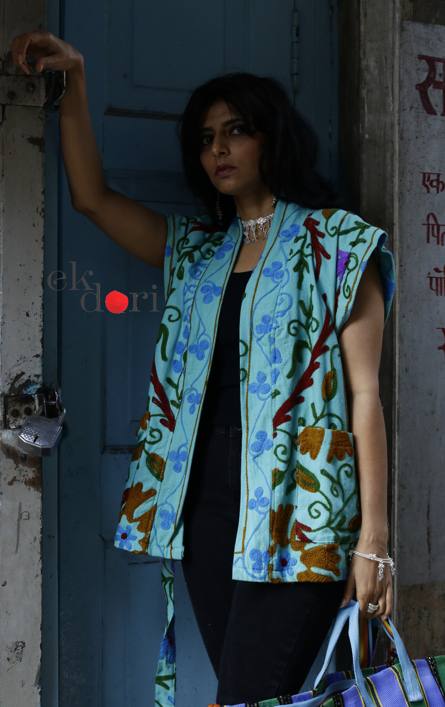 Suzani Embroidered Vest Jacket - 'Sea Salt' Suzani Boho Vest Style Jacket