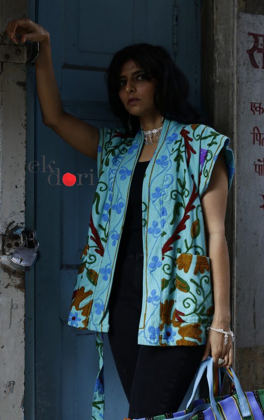 Suzani Embroidered Vest Jacket - 'Sea Salt' Suzani Boho Vest Style Jacket