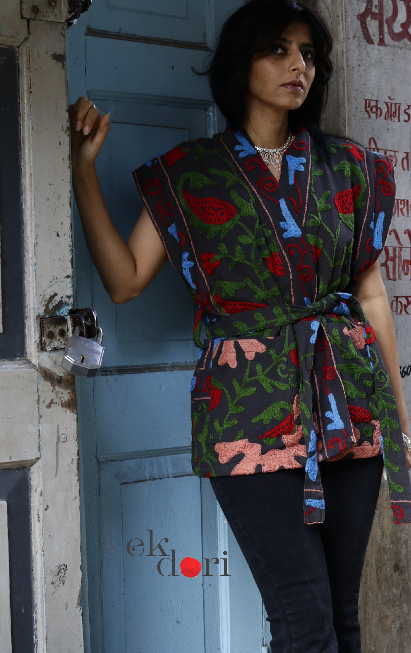 Suzani Embroidered Vest Jacket - 'Grey Slate' Suzani Boho Vest Style Jacket