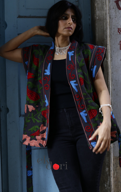 Suzani Embroidered Vest Jacket - 'Grey Slate' Suzani Boho Vest Style Jacket