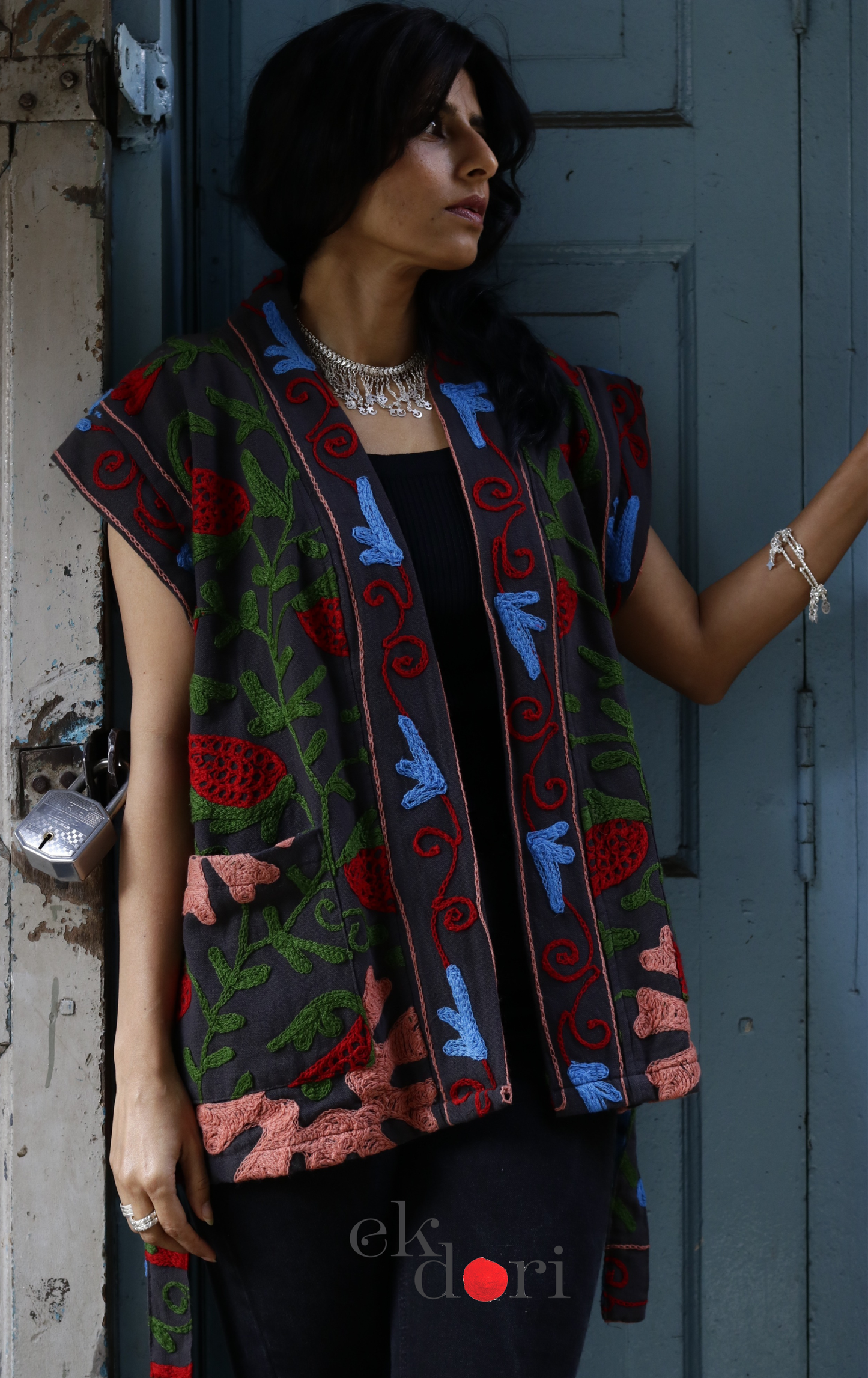 Suzani Embroidered Vest Jacket - 'Grey Slate' Suzani Boho Vest Style Jacket