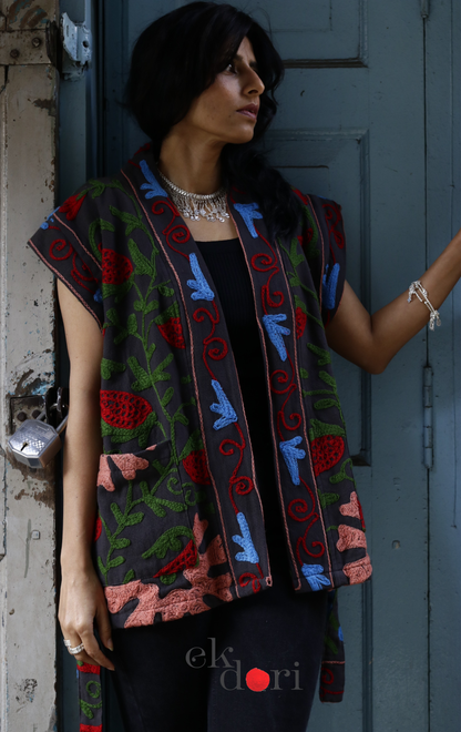 Suzani Embroidered Vest Jacket - 'Grey Slate' Suzani Boho Vest Style Jacket