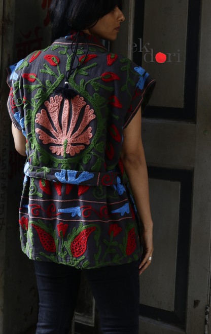 Suzani Embroidered Vest Jacket - 'Grey Slate' Suzani Boho Vest Style Jacket