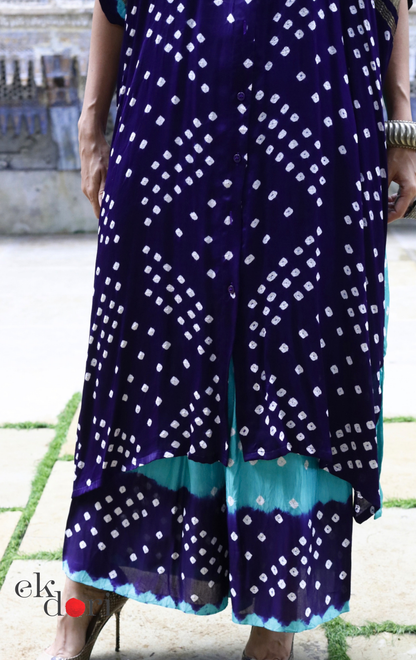 Bandhani Modal Kaftan Kurta Palazzo Co-ord Set in Navy &amp; Teal | 'Midnight Oasis' | Ek Dori