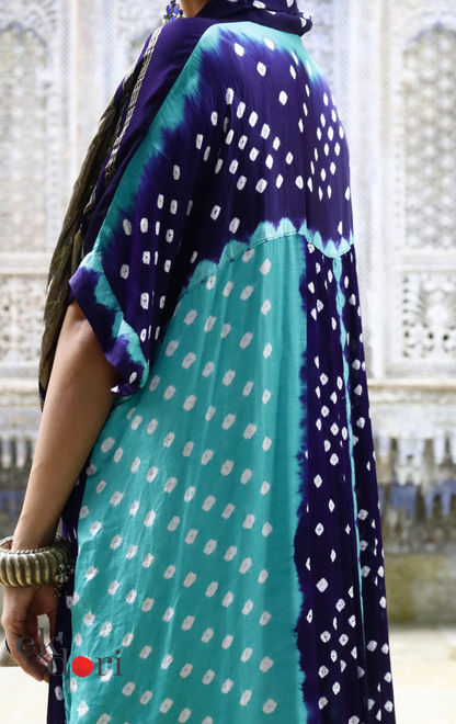 Bandhani Modal Kaftan Kurta Palazzo Co-ord Set in Navy &amp; Teal | 'Midnight Oasis' | Ek Dori