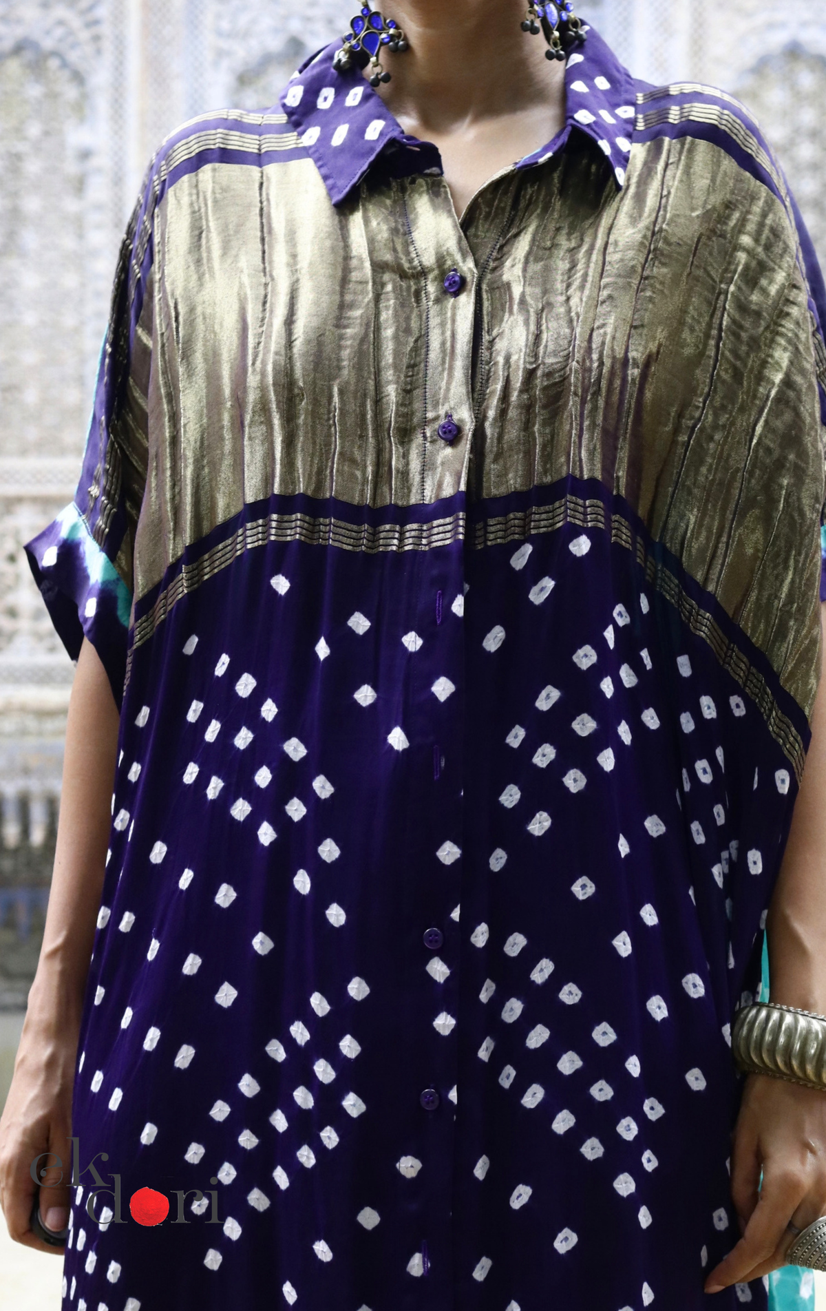 Bandhani Modal Kaftan Kurta Palazzo Co-ord Set in Navy &amp; Teal | 'Midnight Oasis' | Ek Dori