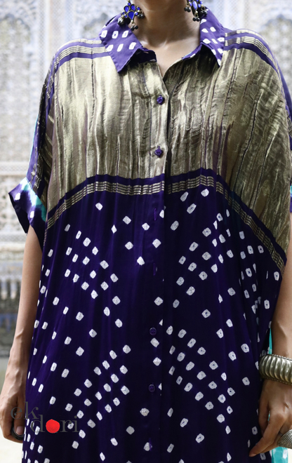 Bandhani Modal Kaftan Kurta Palazzo Co-ord Set in Navy &amp; Teal | 'Midnight Oasis' | Ek Dori