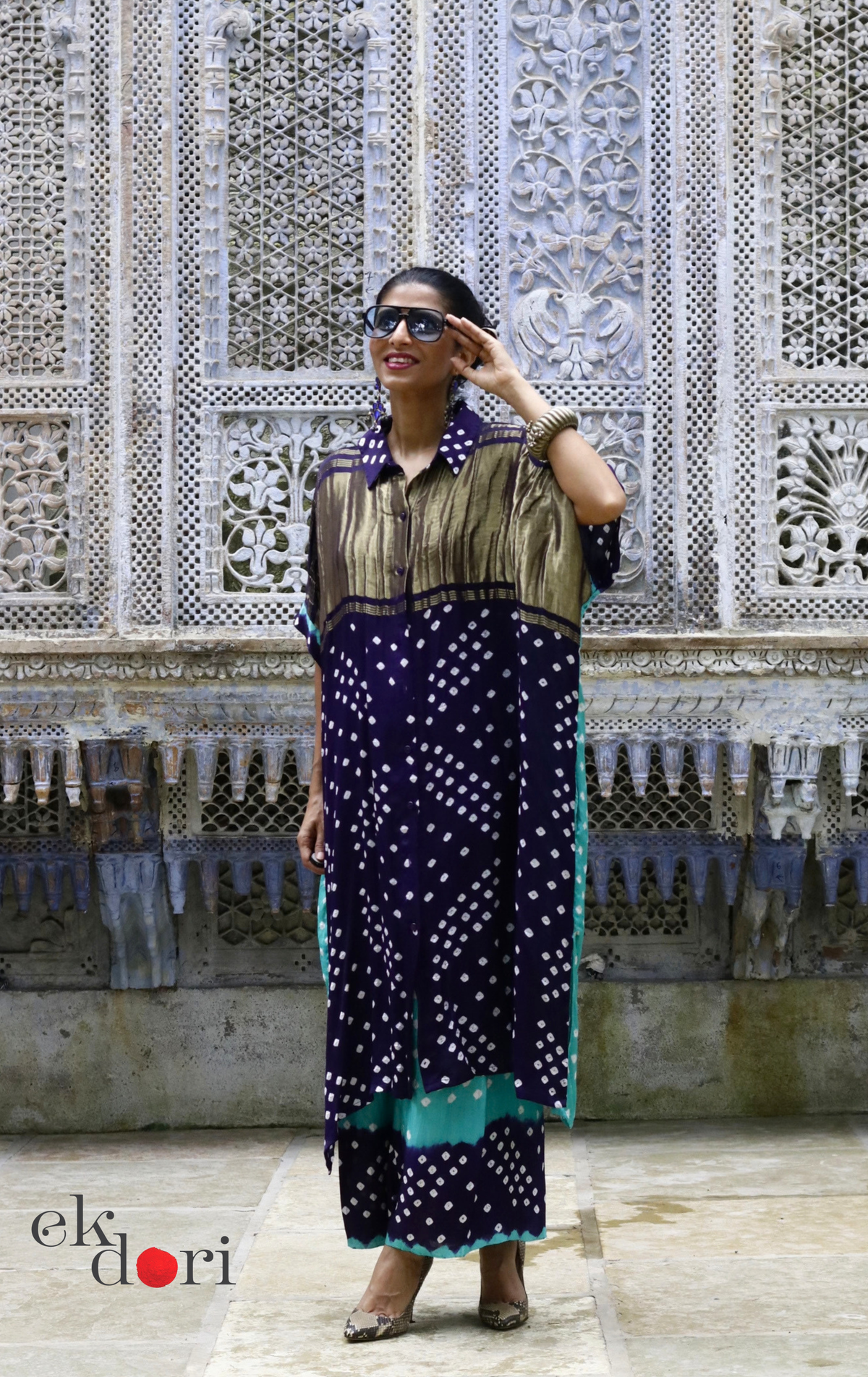 Bandhani Modal Kaftan Kurta Palazzo Co-ord Set in Navy &amp; Teal | 'Midnight Oasis' | Ek Dori