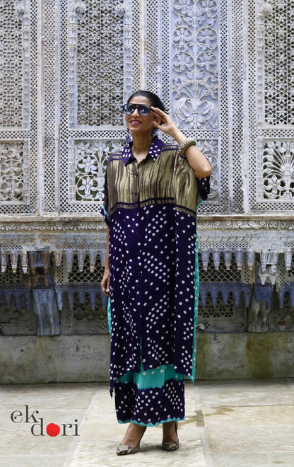 Bandhani Modal Kaftan Kurta Palazzo Co-ord Set in Navy &amp; Teal | 'Midnight Oasis' | Ek Dori