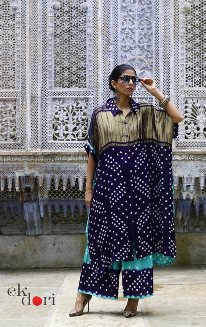 Bandhani Modal Kaftan Kurta Palazzo Co-ord Set in Navy &amp; Teal | 'Midnight Oasis' | Ek Dori