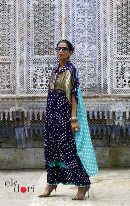 Bandhani Modal Kaftan Kurta Palazzo Co-ord Set in Navy &amp; Teal | 'Midnight Oasis' | Ek Dori
