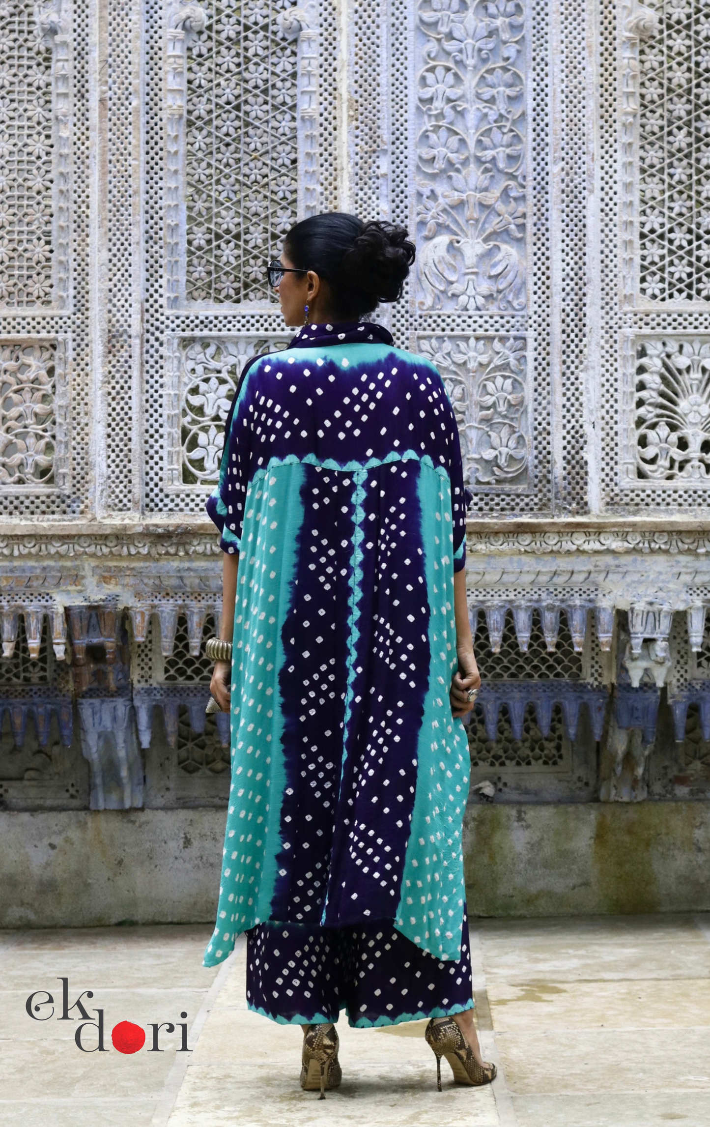 Bandhani Modal Kaftan Kurta Palazzo Co-ord Set in Navy &amp; Teal | 'Midnight Oasis' | Ek Dori