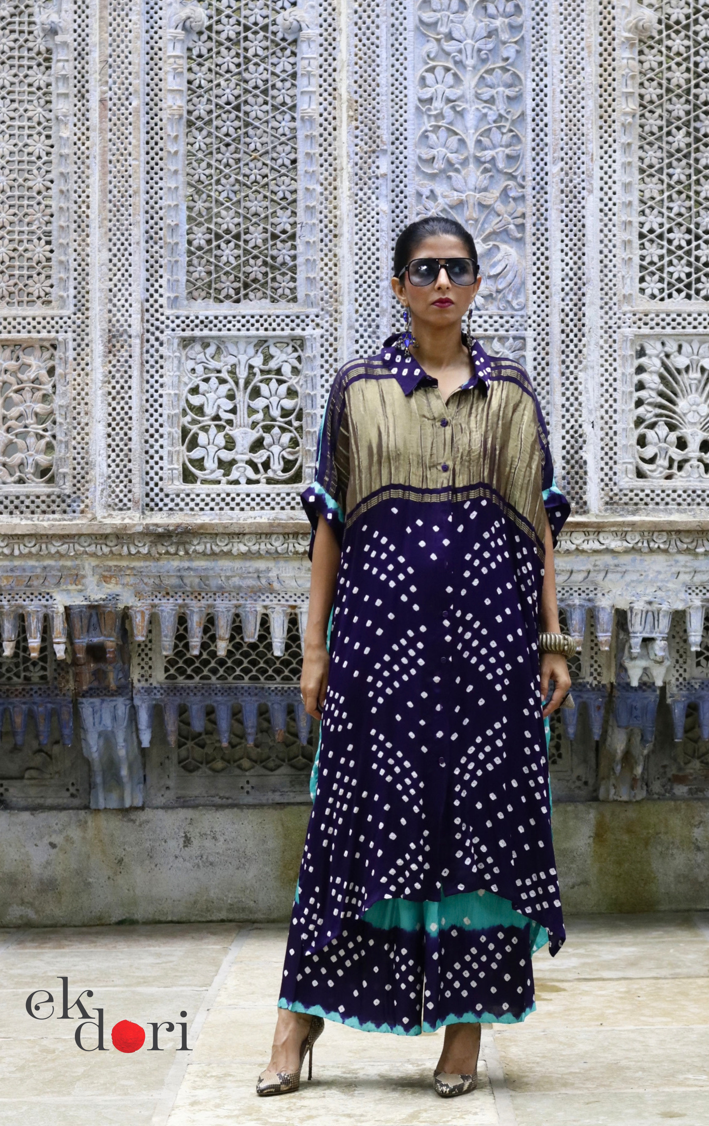 Bandhani Modal Kaftan Kurta Palazzo Co-ord Set in Navy &amp; Teal | 'Midnight Oasis' | Ek Dori