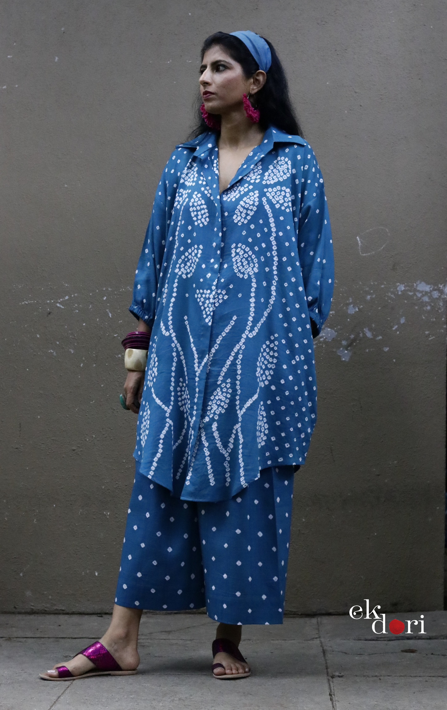 Teal Bandhani 'Flower Garden' Cotton Co-ord Set (XXL) : Buy Kurta Palazzo Cotton Co-ord Set