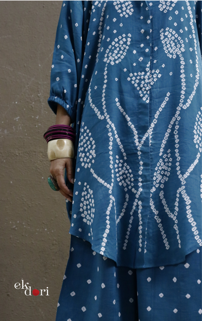 Teal Bandhani 'Flower Garden' Cotton Co-ord Set (XXL) : Buy Kurta Palazzo Cotton Co-ord Set