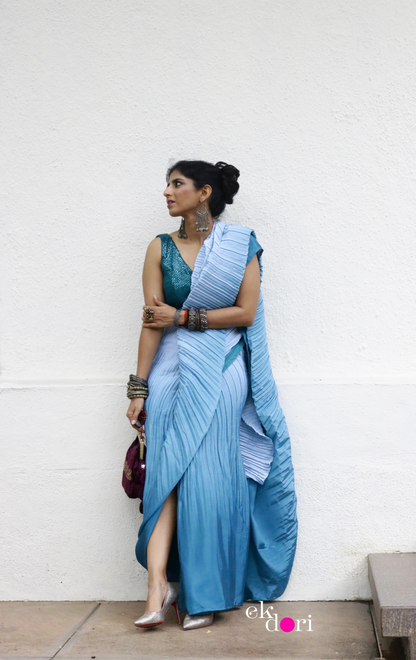 'Teal Treasures' Ready To Wear Draped Saree Skirt : Fun Modern Micropleated Quick Draped Saree