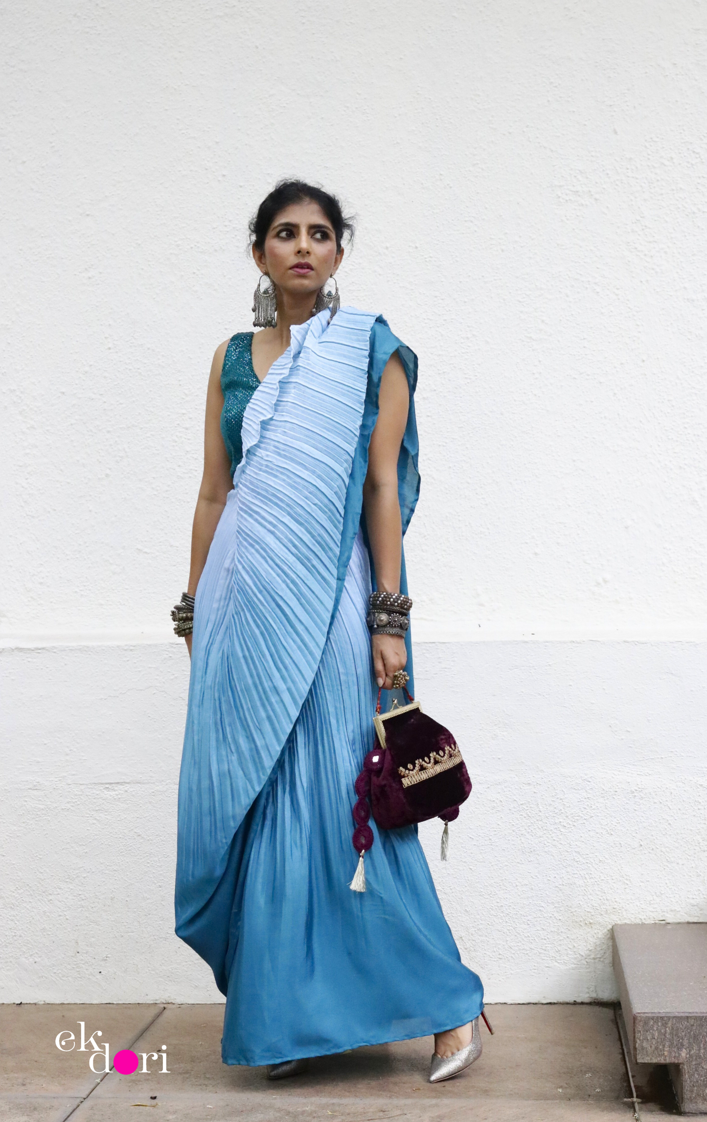 'Teal Treasures' Ready To Wear Draped Saree Skirt : Fun Modern Micropleated Quick Draped Saree