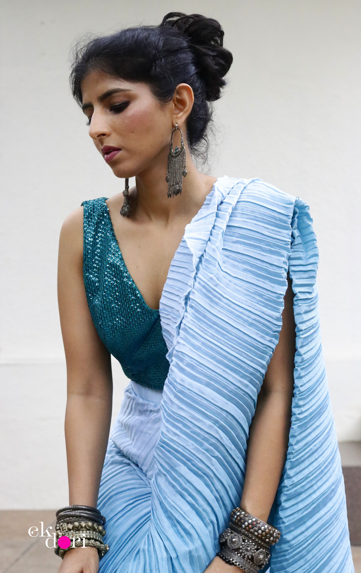 'Teal Treasures' Ready To Wear Draped Saree Skirt : Fun Modern Micropleated Quick Draped Saree