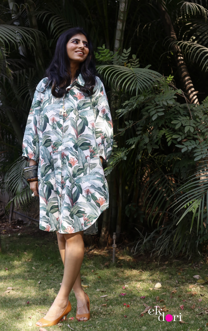 'Tropical Paradise' Linen Cotton Shirt Kurta : Fun Free Size Linen Cotton Kurta With Pockets
