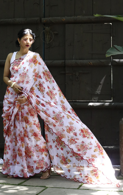 Buy Floral Chiffon Saree Online : 'Jasmine' Floral Semi Chiffon Saree With Scalloped Edges