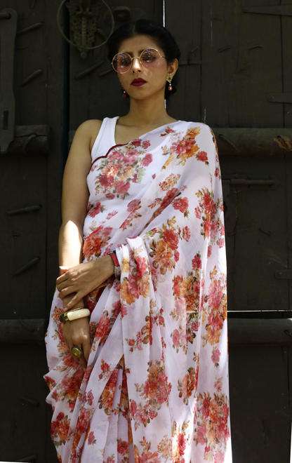 Buy Floral Chiffon Saree Online : 'Jasmine' Floral Semi Chiffon Saree With Scalloped Edges