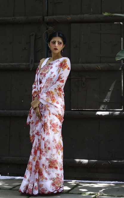 Buy Floral Chiffon Saree Online : 'Jasmine' Floral Semi Chiffon Saree With Scalloped Edges