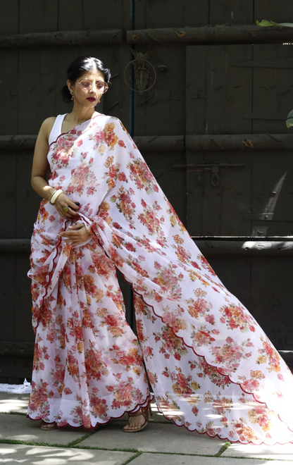 Buy Floral Chiffon Saree Online : 'Jasmine' Floral Semi Chiffon Saree With Scalloped Edges