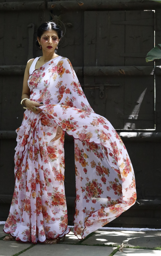 Buy Floral Chiffon Saree Online : 'Jasmine' Floral Semi Chiffon Saree With Scalloped Edges