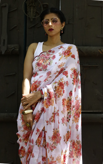 Buy Floral Chiffon Saree Online : 'Jasmine' Floral Semi Chiffon Saree With Scalloped Edges