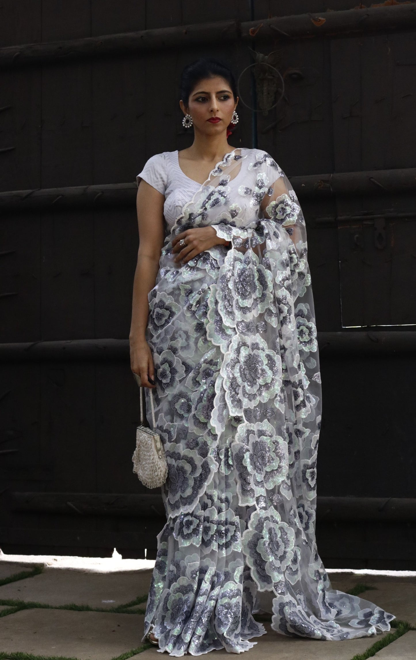 White Floral Sequin Saree : 'Winter Garden' Sequin Cocktail Saree : Sequin Bollywood Saree