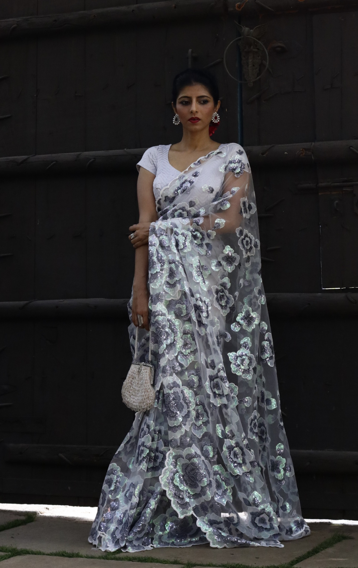 White Floral Sequin Saree : 'Winter Garden' Sequin Cocktail Saree : Sequin Bollywood Saree