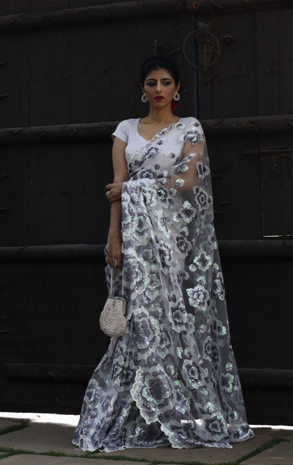 White Floral Sequin Saree : 'Winter Garden' Sequin Cocktail Saree : Sequin Bollywood Saree